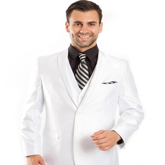 Mens Tazio Vested Slim Fit Shiny Sharkskin Suit in Solid White - Picture 1 of 2
